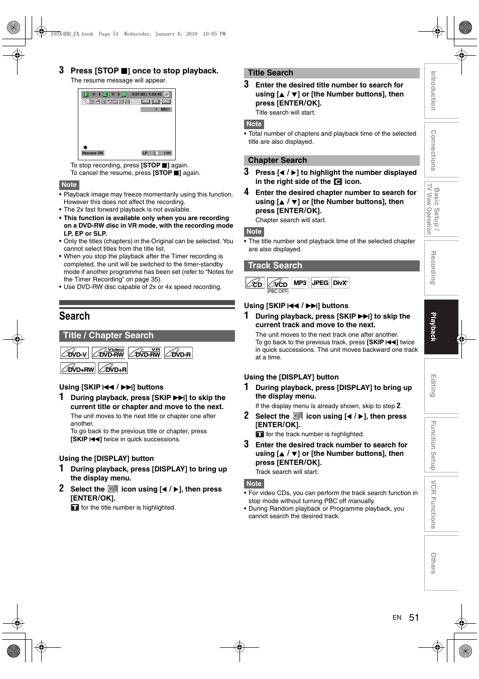 Search, Title / chapter search, Track search | Toshiba DVR20 User Manual | Page 51 / 80
