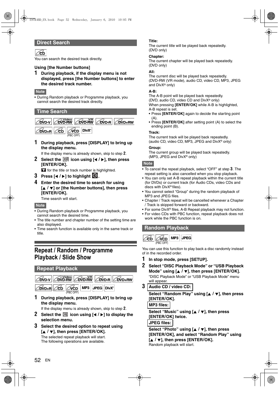 Repeat / random / programme playback / slide show, Direct search time search repeat playback, Random playback | Toshiba DVR20 User Manual | Page 52 / 80
