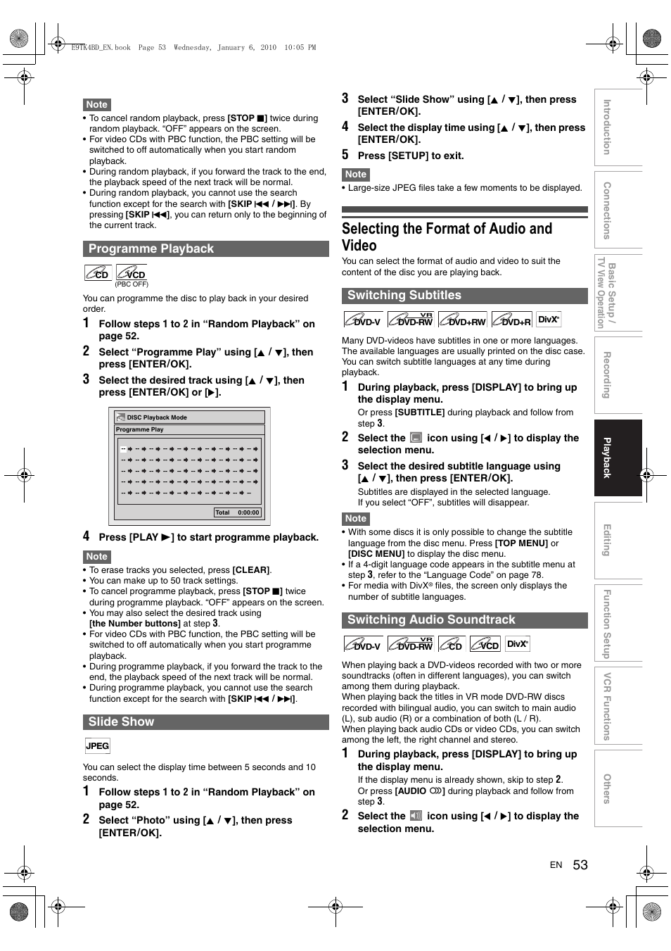 Selecting the format of audio and video, Programme playback slide show, Switching subtitles switching audio soundtrack | Toshiba DVR20 User Manual | Page 53 / 80
