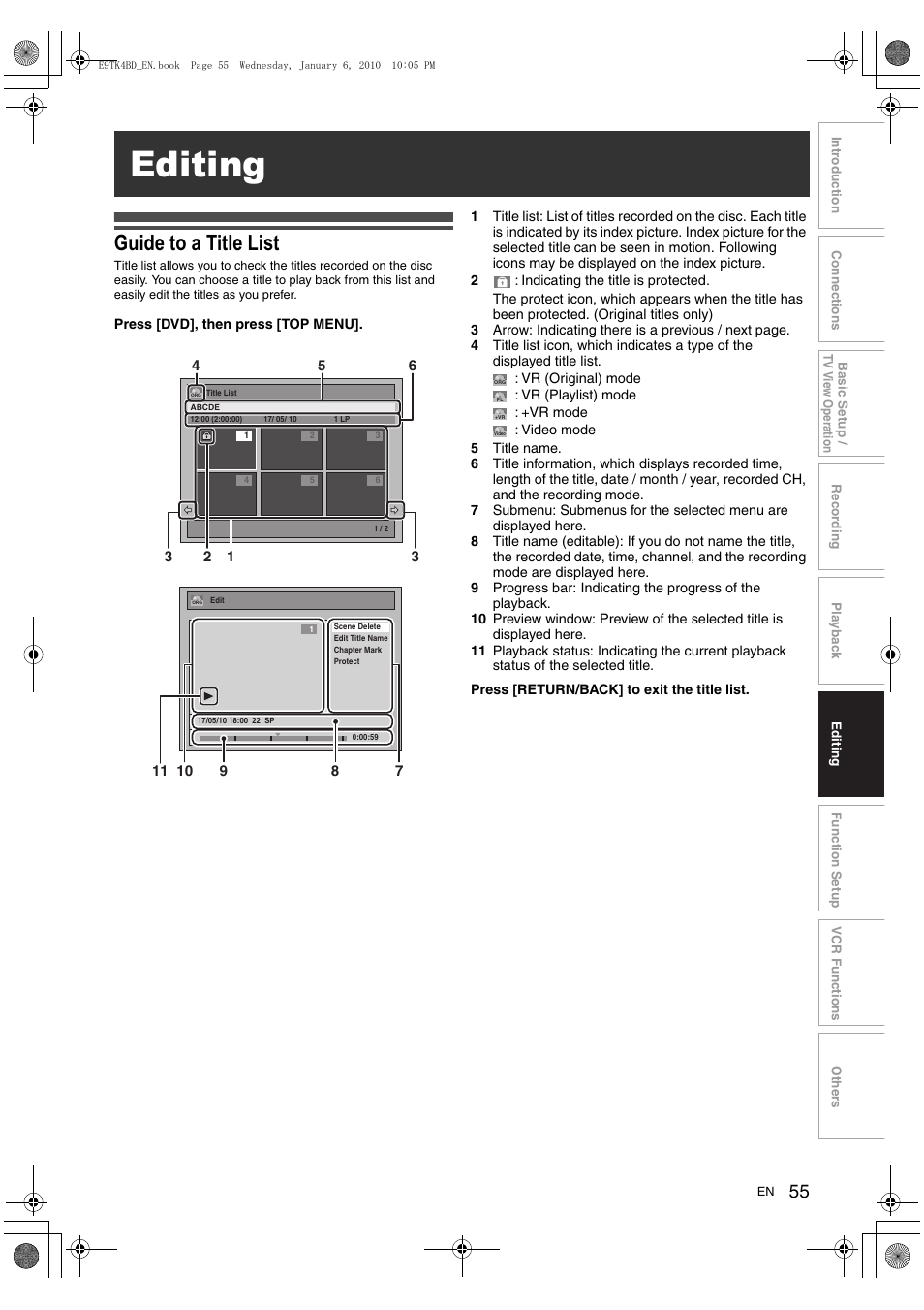 Editing, Guide to a title list | Toshiba DVR20 User Manual | Page 55 / 80