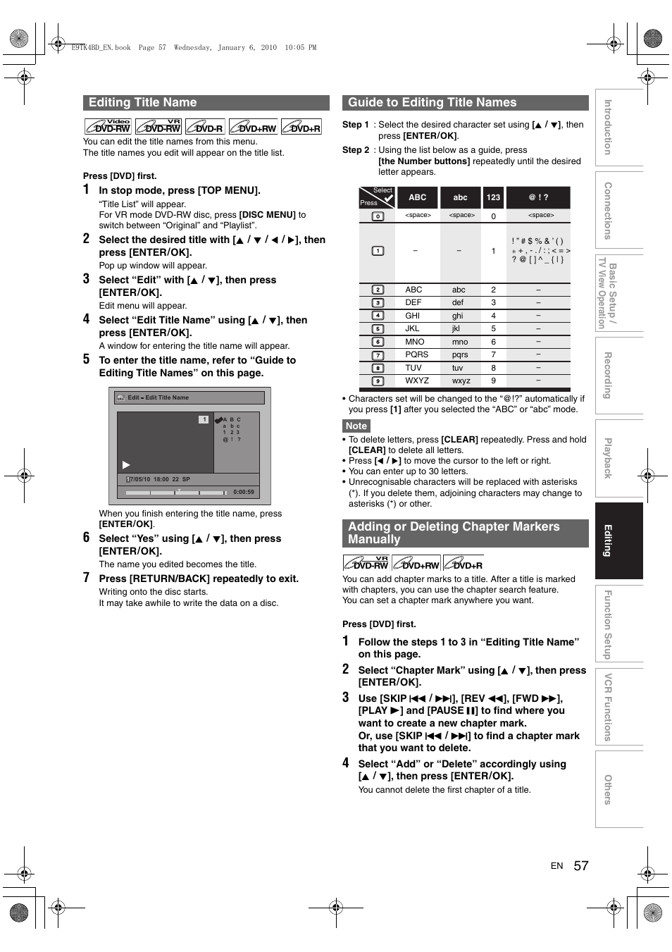 Editing title name, Guide to editing title names, Adding or deleting chapter markers manually | Toshiba DVR20 User Manual | Page 57 / 80