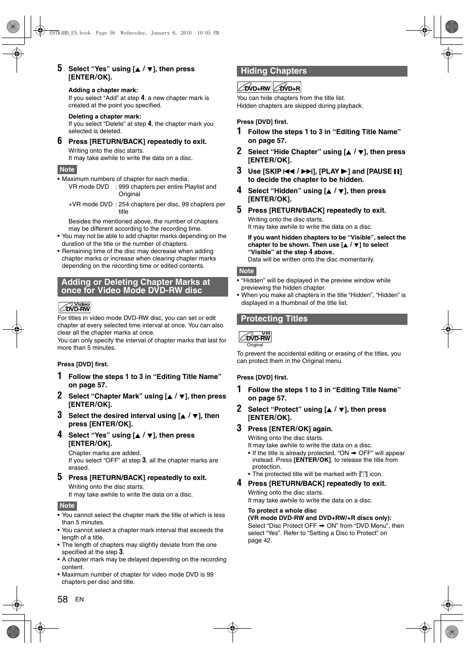 Hiding chapters protecting titles | Toshiba DVR20 User Manual | Page 58 / 80