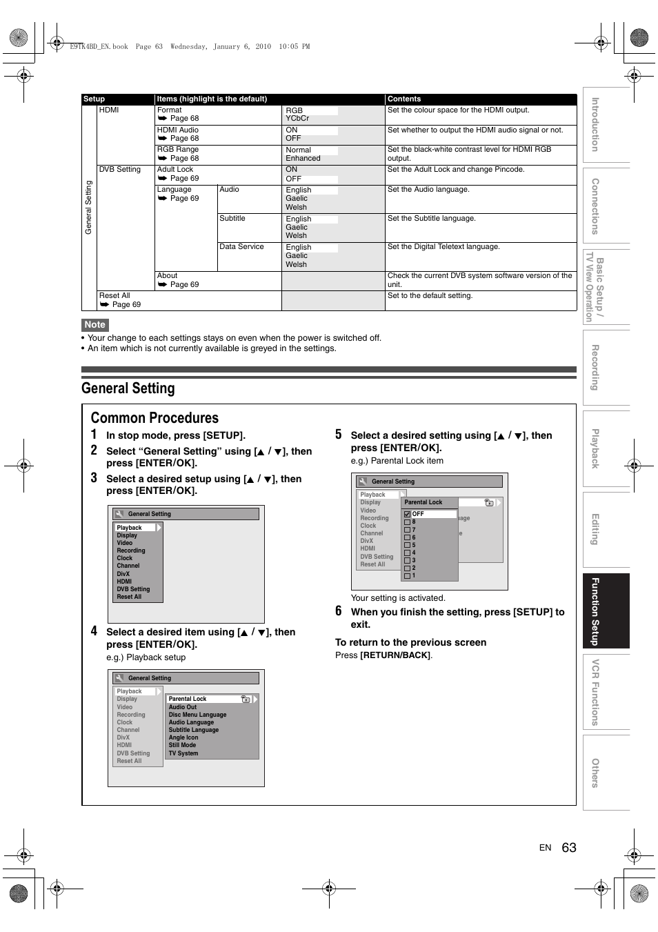 General setting, Common procedures | Toshiba DVR20 User Manual | Page 63 / 80