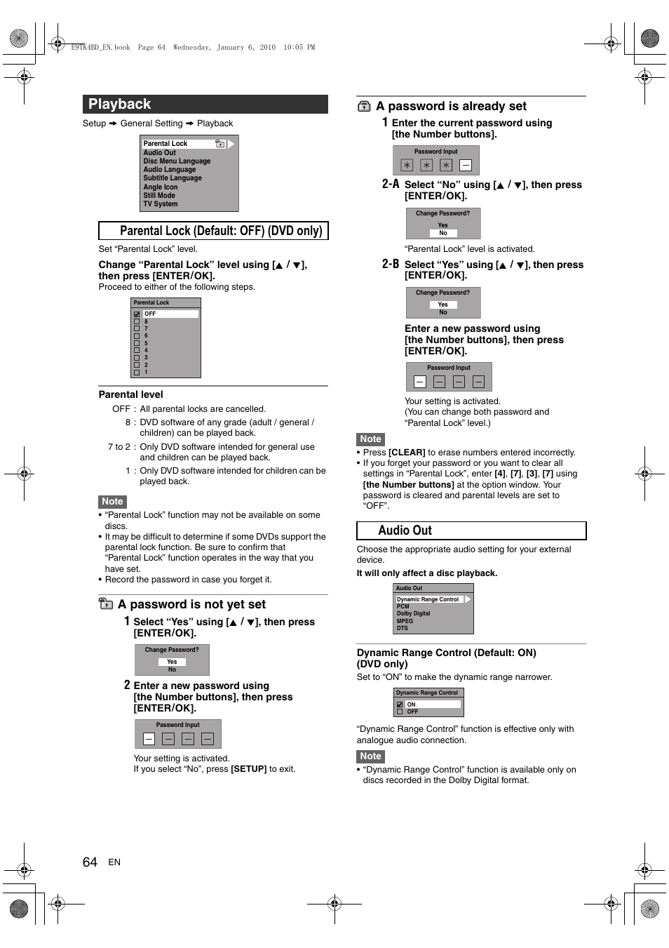 Playback, A parental lock (default: off) (dvd only), B audio out | A password is not yet set 1, A password is already set 1 | Toshiba DVR20 User Manual | Page 64 / 80