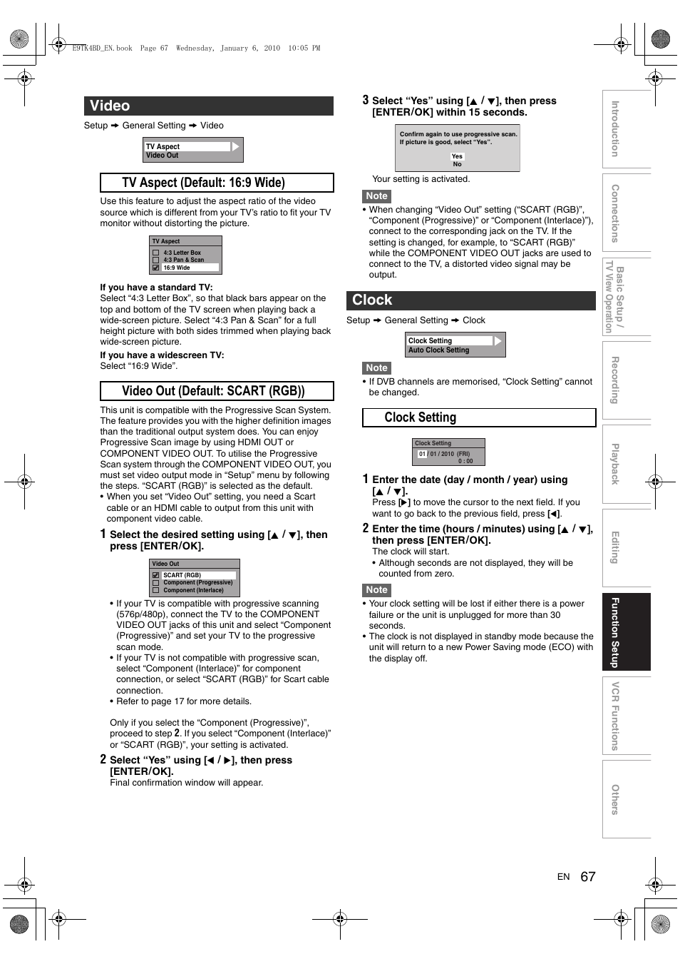 Video, Clock, A clock setting | Toshiba DVR20 User Manual | Page 67 / 80