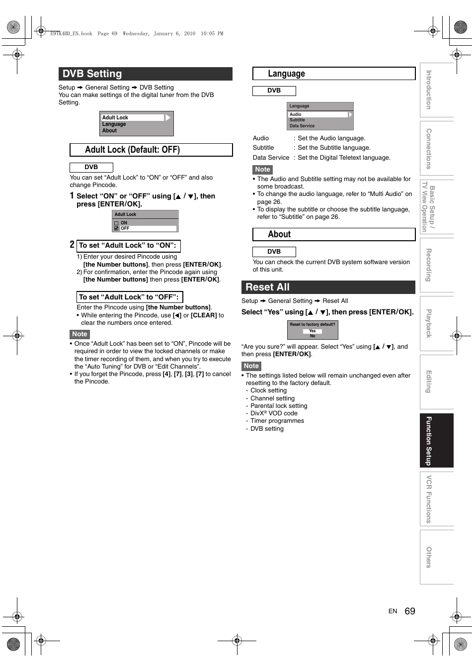 Dvb setting, Reset all, A adult lock (default: off) | B language, C about | Toshiba DVR20 User Manual | Page 69 / 80