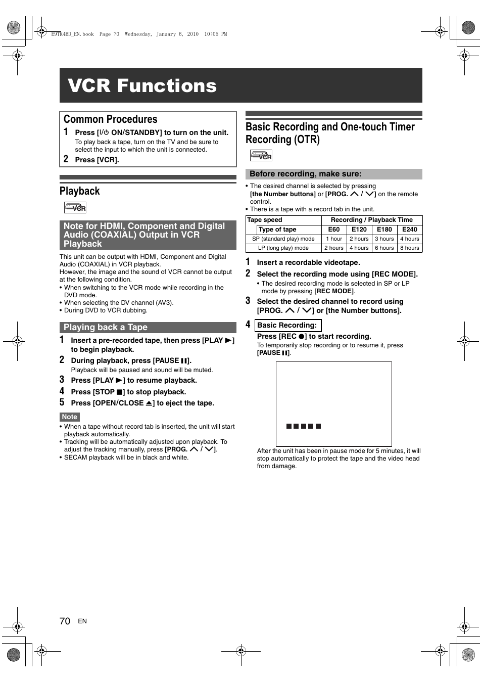 Vcr functions, Playback, Common procedures | Toshiba DVR20 User Manual | Page 70 / 80