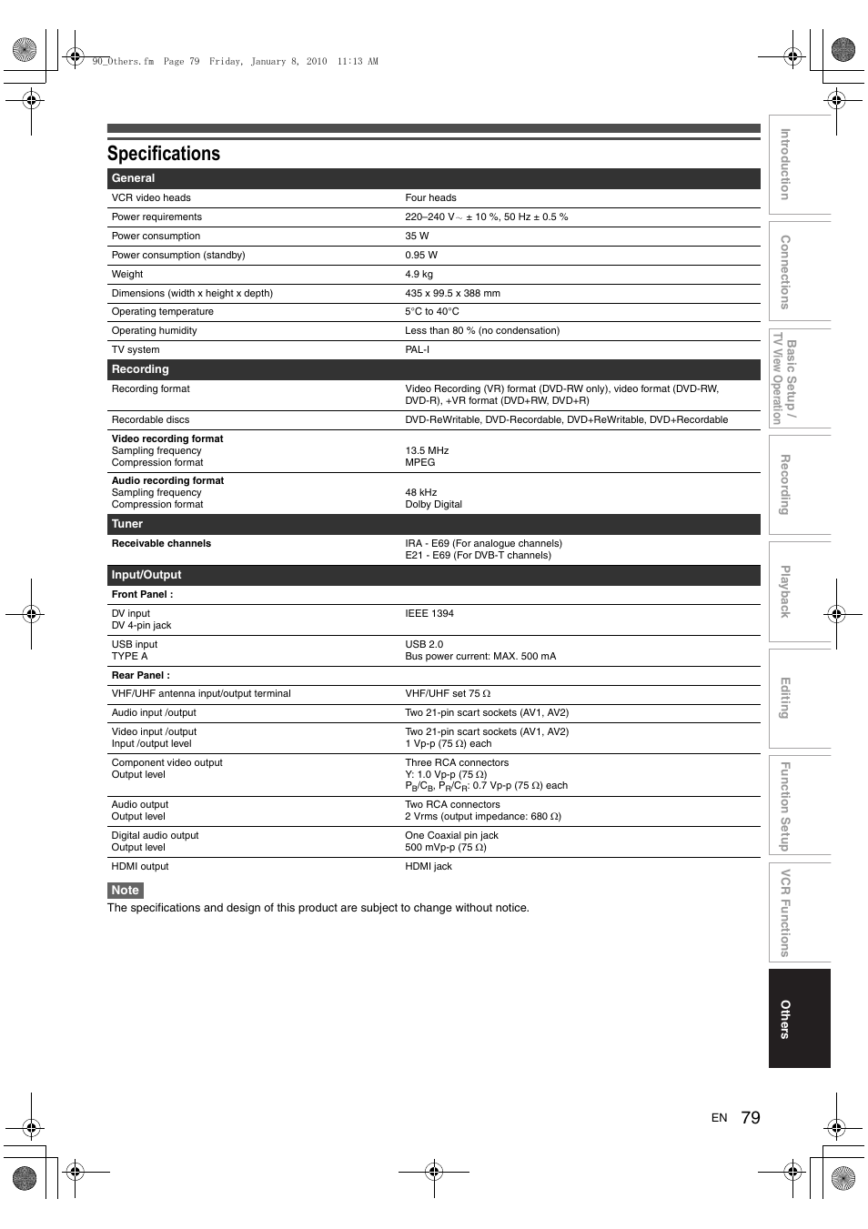 Specifications | Toshiba DVR20 User Manual | Page 79 / 80