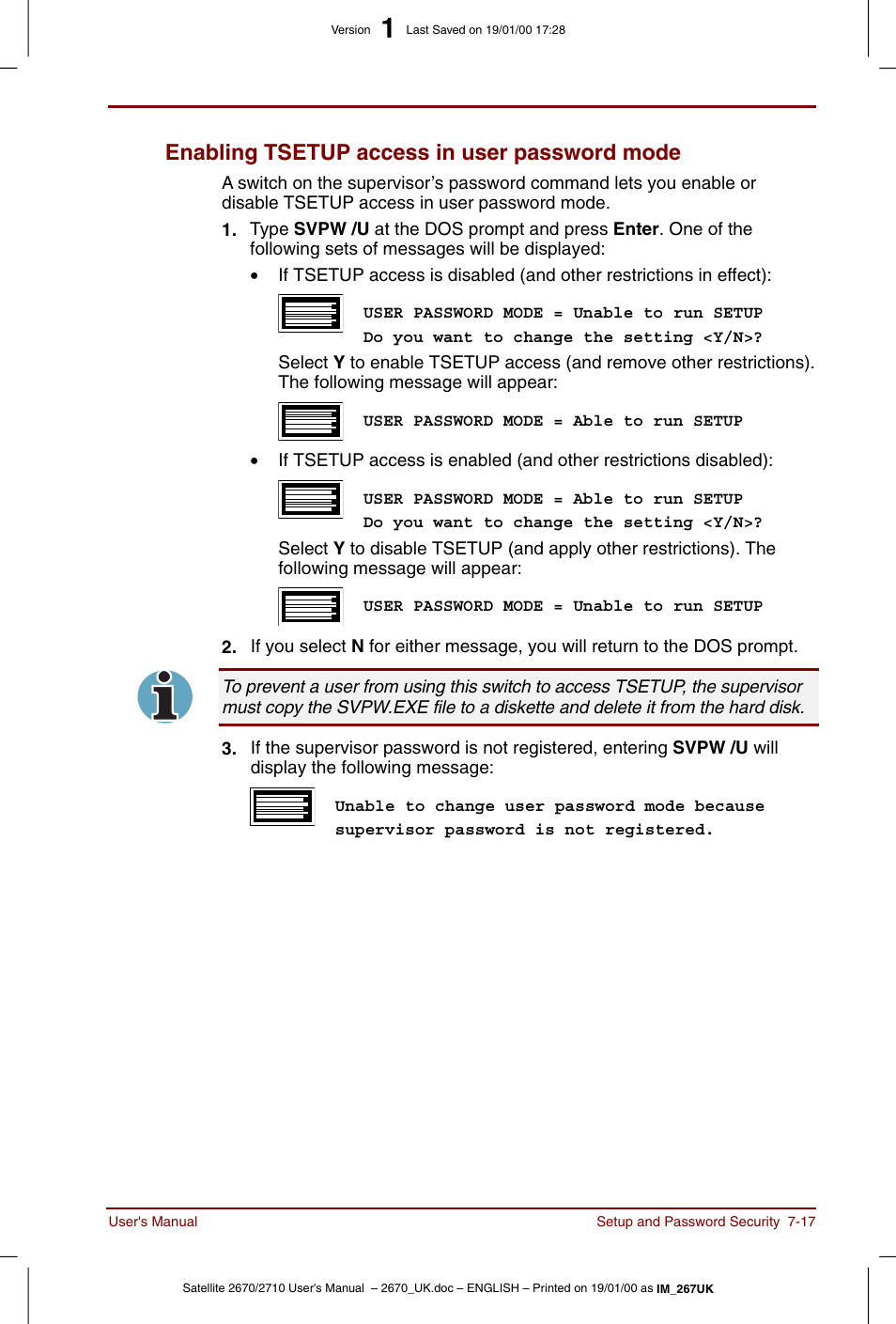 Enabling tsetup access in user password mode -17, Enabling tsetup access in user password mode | Toshiba Satellite 2670 User Manual | Page 101 / 182