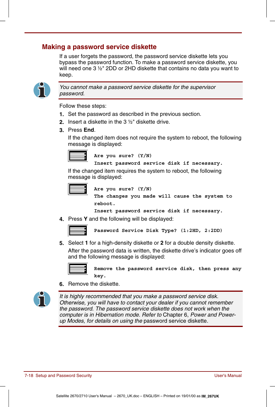 Making a password service diskette -18, Making a password service diskette | Toshiba Satellite 2670 User Manual | Page 102 / 182