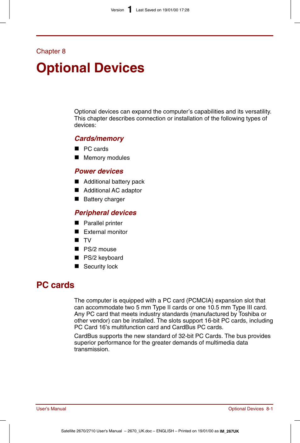 Chapter 8, Optional devices, Pc cards | Chapter 8: optional devices, Pc cards -1 | Toshiba Satellite 2670 User Manual | Page 105 / 182