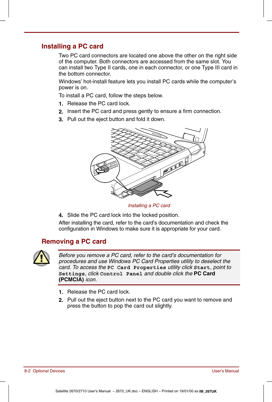 Installing a pc card -2 removing a pc card -2, Installing a pc card, Removing a pc card | Toshiba Satellite 2670 User Manual | Page 106 / 182