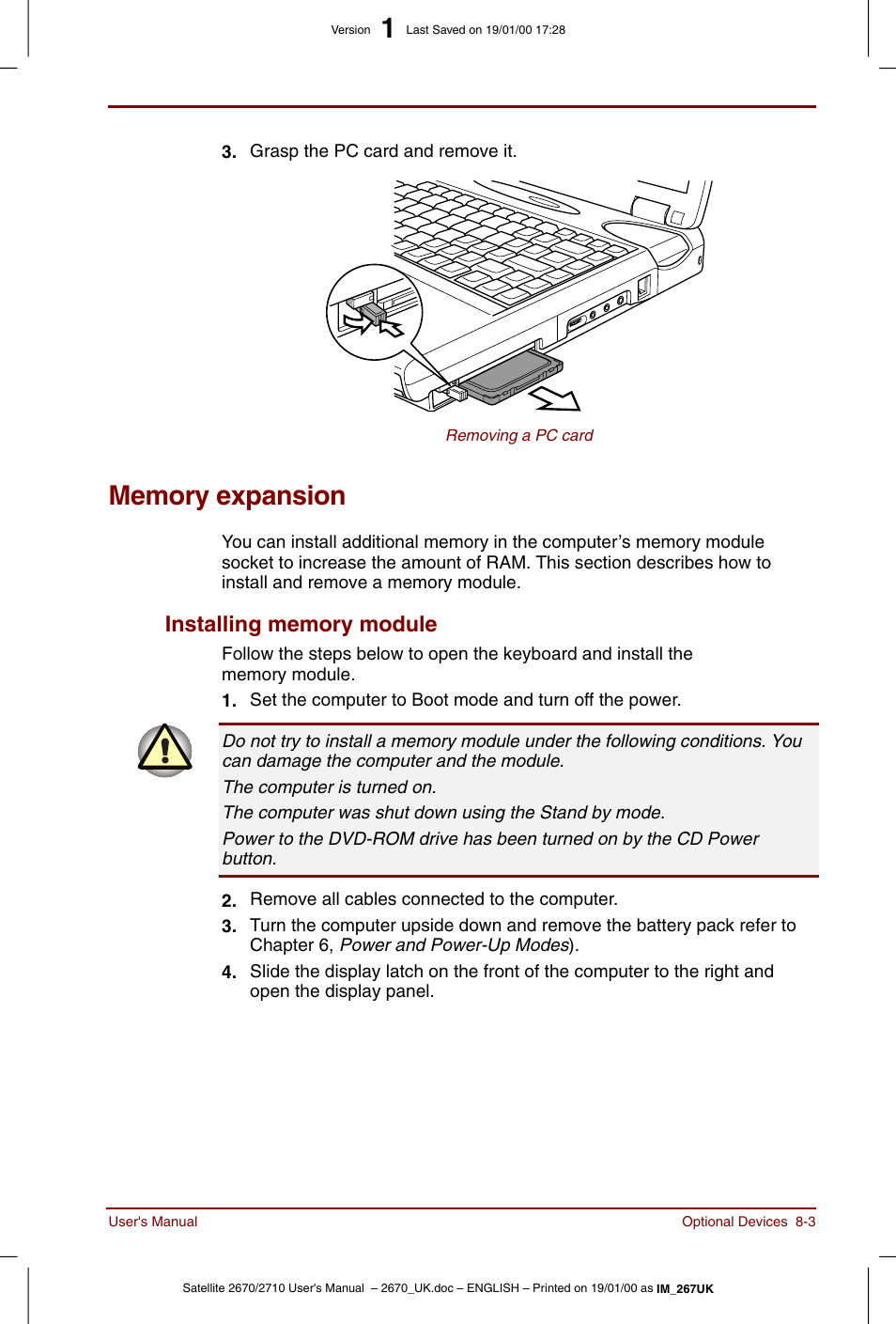 Memory expansion, Memory expansion -3, Installing memory module -3 | Toshiba Satellite 2670 User Manual | Page 107 / 182