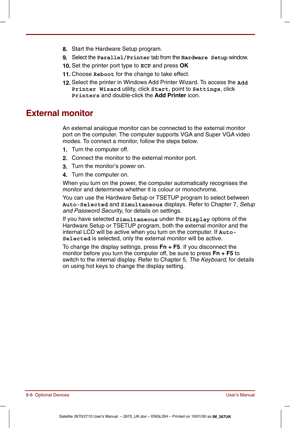 External monitor, External monitor -8 | Toshiba Satellite 2670 User Manual | Page 112 / 182