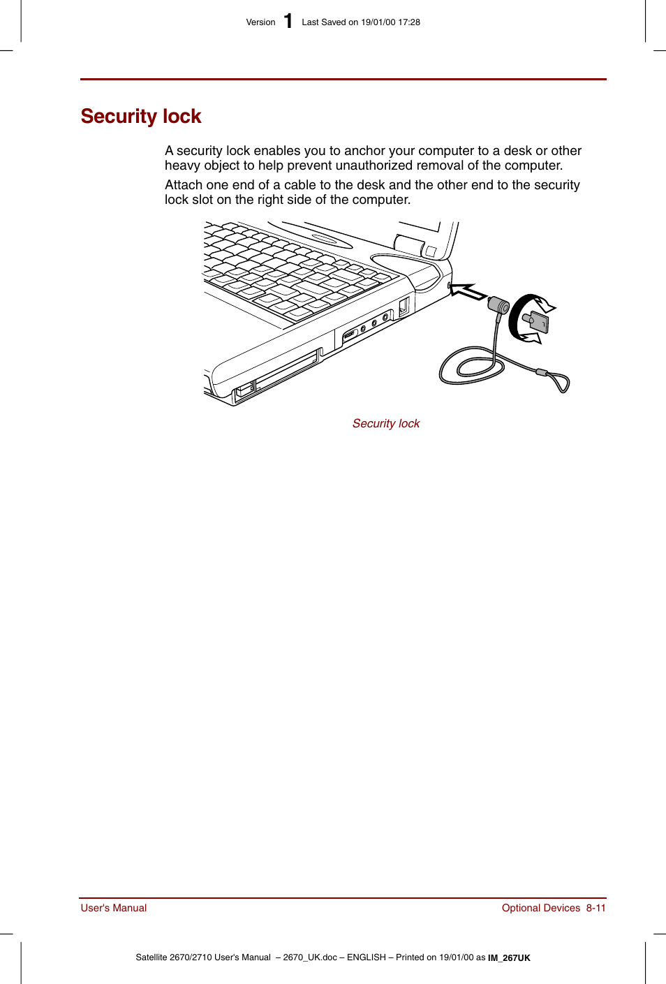 Security lock, Security lock -11 | Toshiba Satellite 2670 User Manual | Page 115 / 182