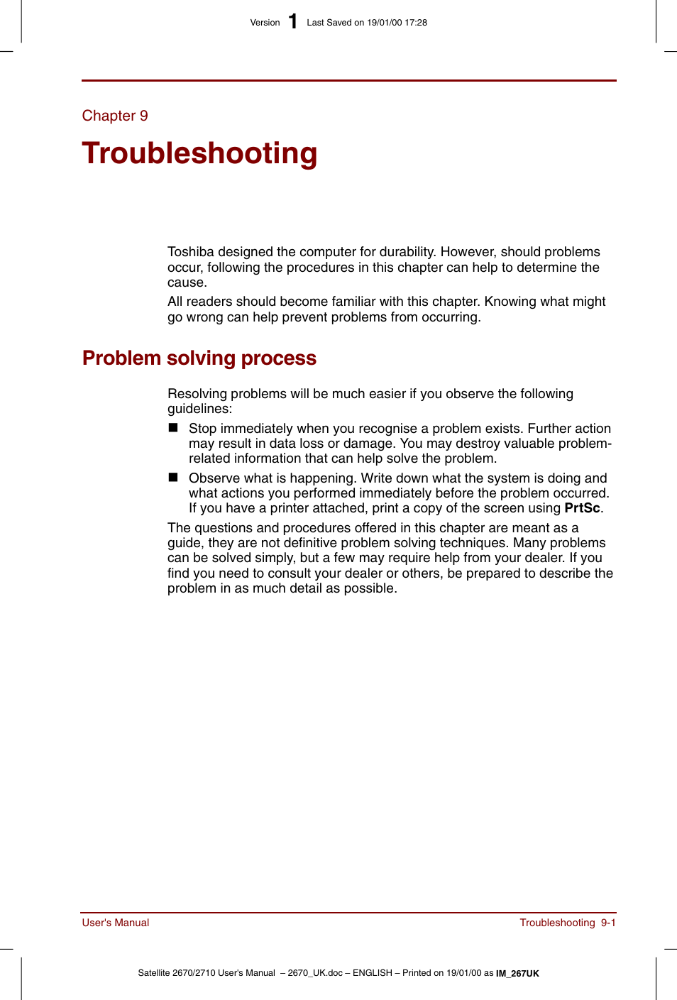 Chapter 9, Troubleshooting, Problem solving process | Chapter 9: troubleshooting, Problem solving process -1 | Toshiba Satellite 2670 User Manual | Page 117 / 182