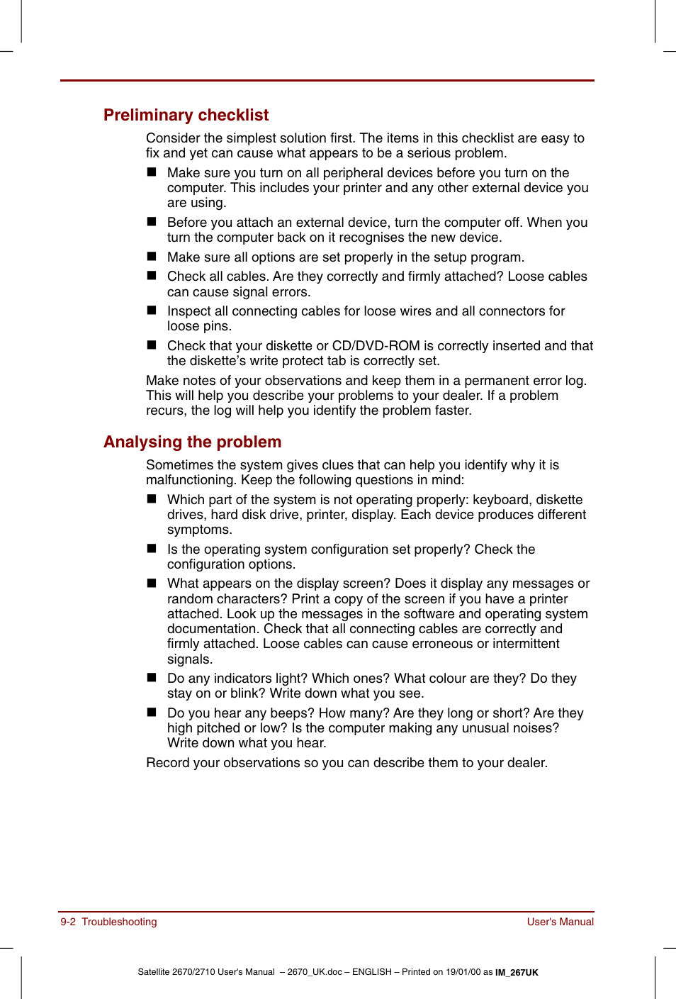 Preliminary checklist -2 analysing the problem -2, Preliminary checklist, Analysing the problem | Toshiba Satellite 2670 User Manual | Page 118 / 182