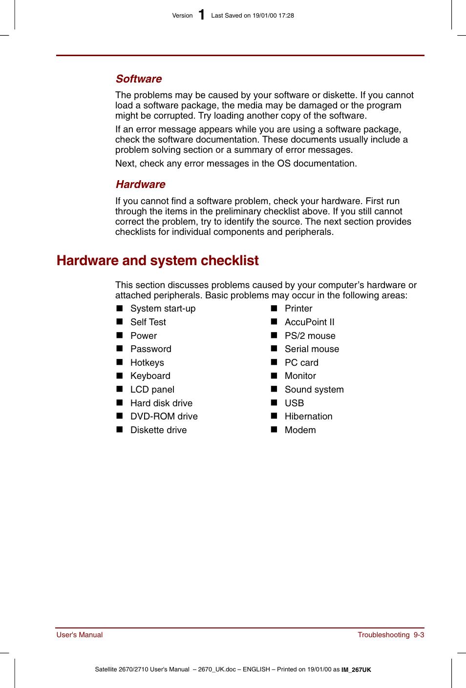 Hardware and system checklist, Hardware and system checklist -3 | Toshiba Satellite 2670 User Manual | Page 119 / 182