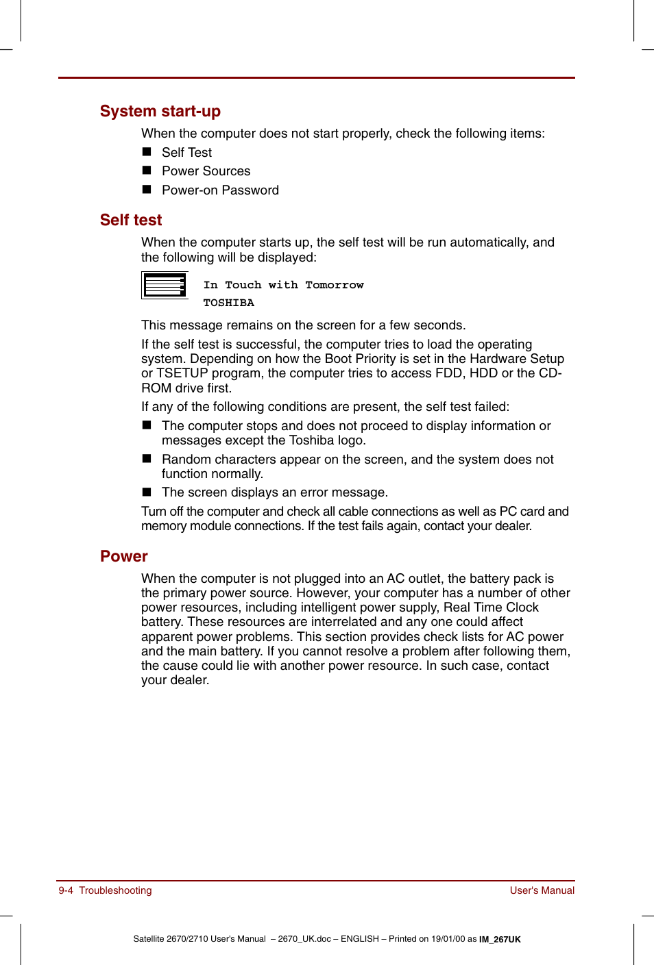 System start-up -4 self test -4 power -4, System start-up, Self test | Power | Toshiba Satellite 2670 User Manual | Page 120 / 182