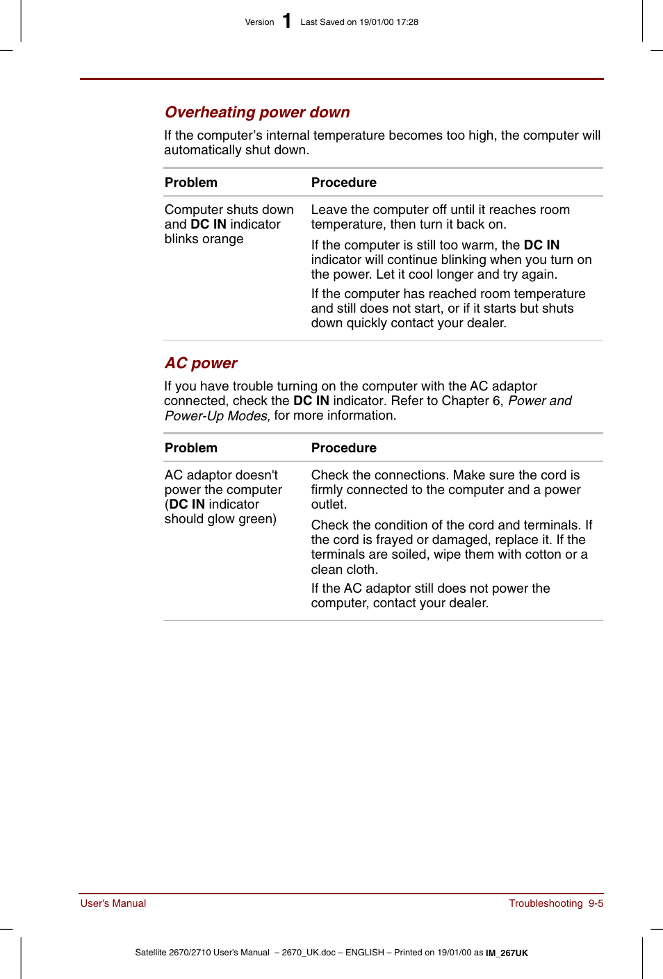 Overheating power down, Ac power | Toshiba Satellite 2670 User Manual | Page 121 / 182