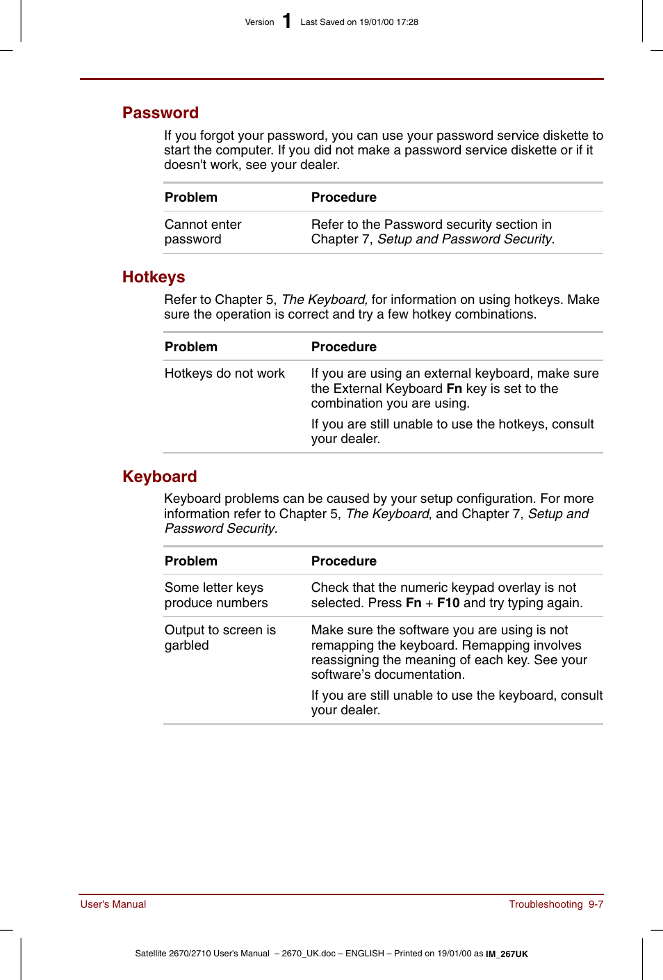 Password -7 hotkeys -7 keyboard -7, Password, Hotkeys | Keyboard | Toshiba Satellite 2670 User Manual | Page 123 / 182