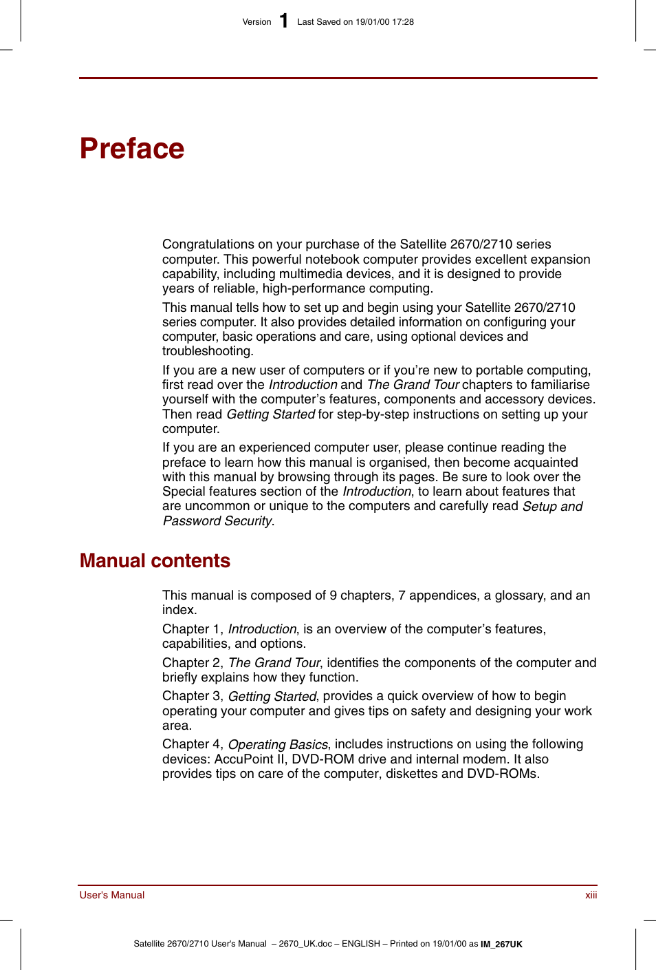 Preface, Manual contents, Xiii | Toshiba Satellite 2670 User Manual | Page 13 / 182