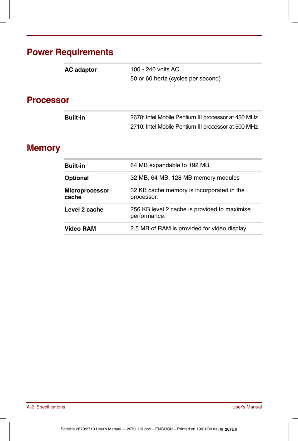 Power requirements, Processor | Toshiba Satellite 2670 User Manual | Page 134 / 182