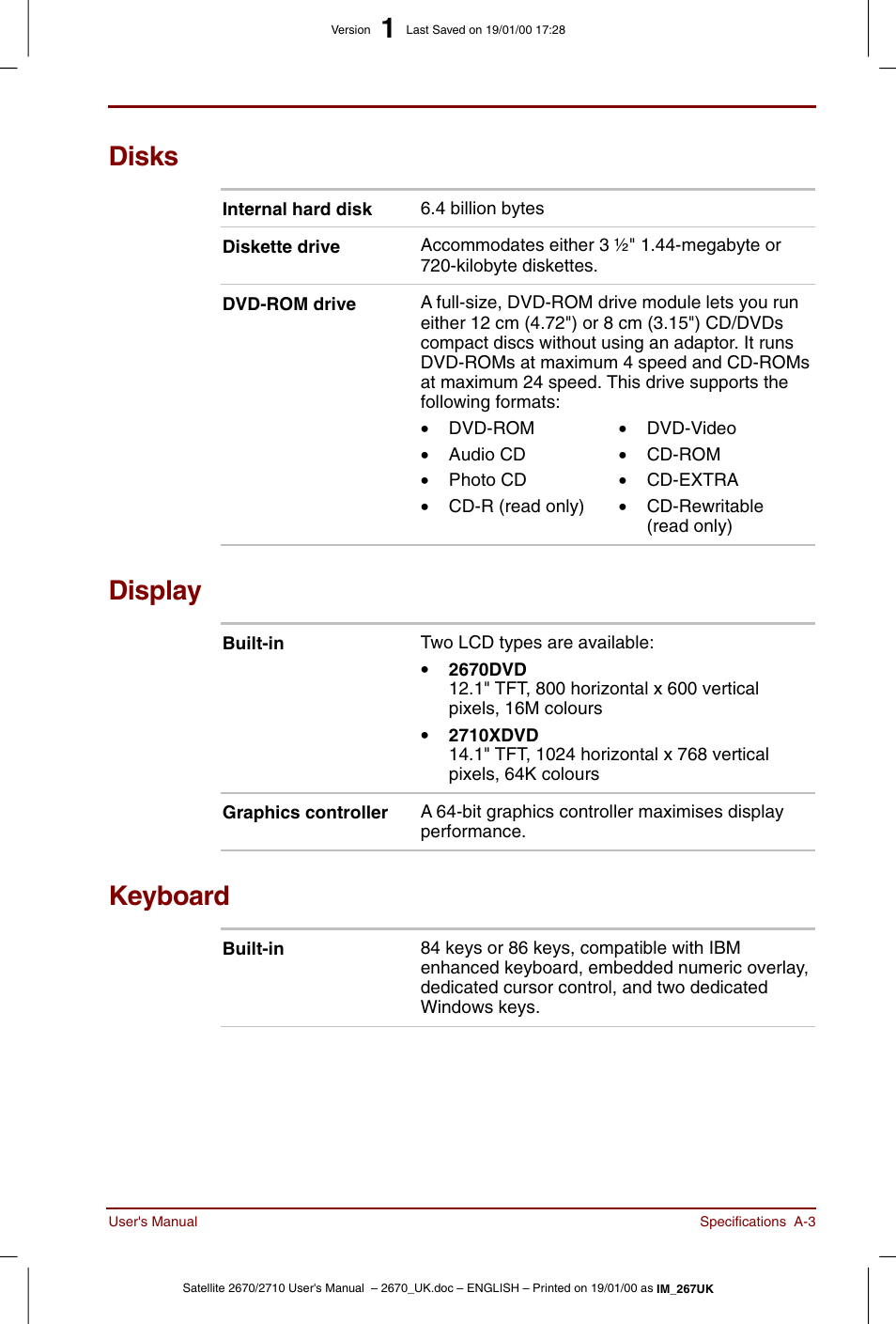Disks, Display, Keyboard | Toshiba Satellite 2670 User Manual | Page 135 / 182