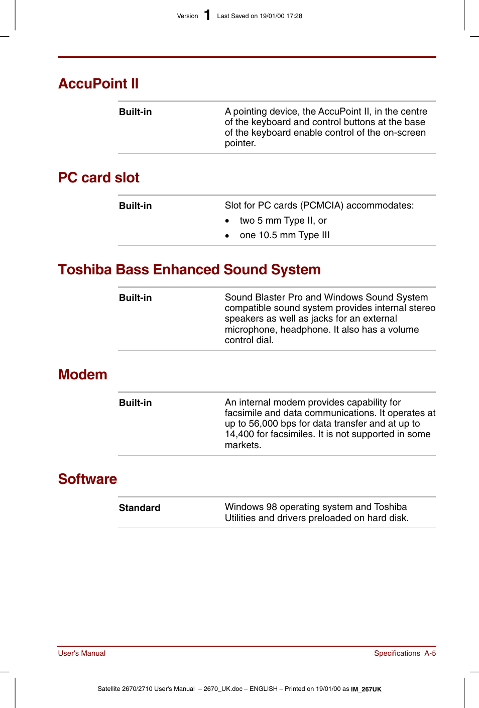 Accupoint ii, Pc card slot, Toshiba bass enhanced sound system | Modem, Software | Toshiba Satellite 2670 User Manual | Page 137 / 182