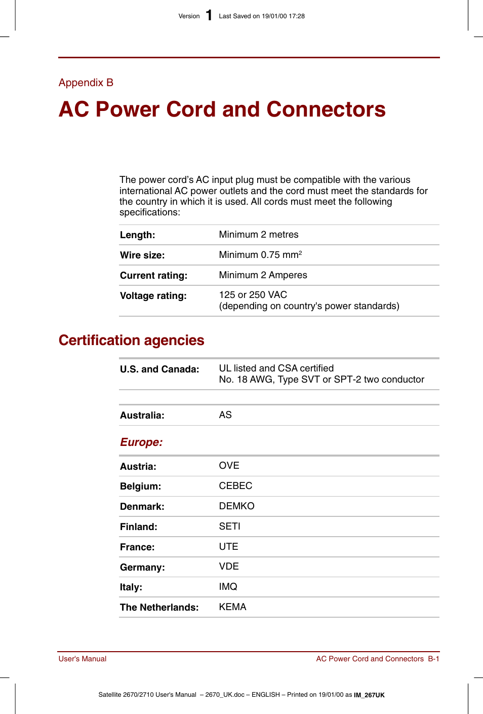 Appendix b, Ac power cord and connectors, Certification agencies | Toshiba Satellite 2670 User Manual | Page 139 / 182