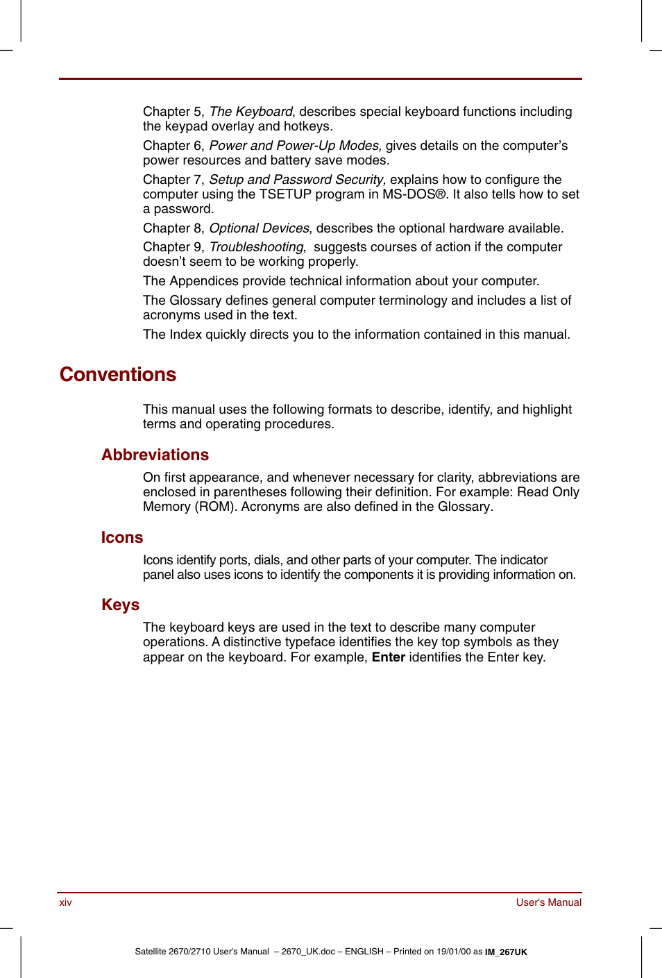 Conventions, Abbreviations, Icons | Keys | Toshiba Satellite 2670 User Manual | Page 14 / 182