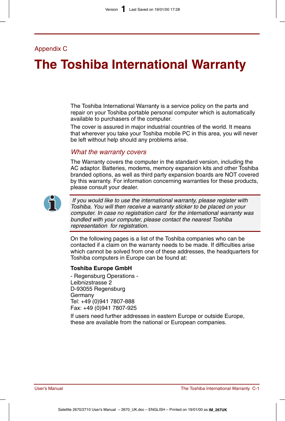 Appendix c, The toshiba international warranty | Toshiba Satellite 2670 User Manual | Page 141 / 182