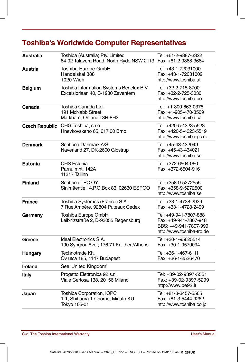 Toshiba's worldwide computer representatives | Toshiba Satellite 2670 User Manual | Page 142 / 182