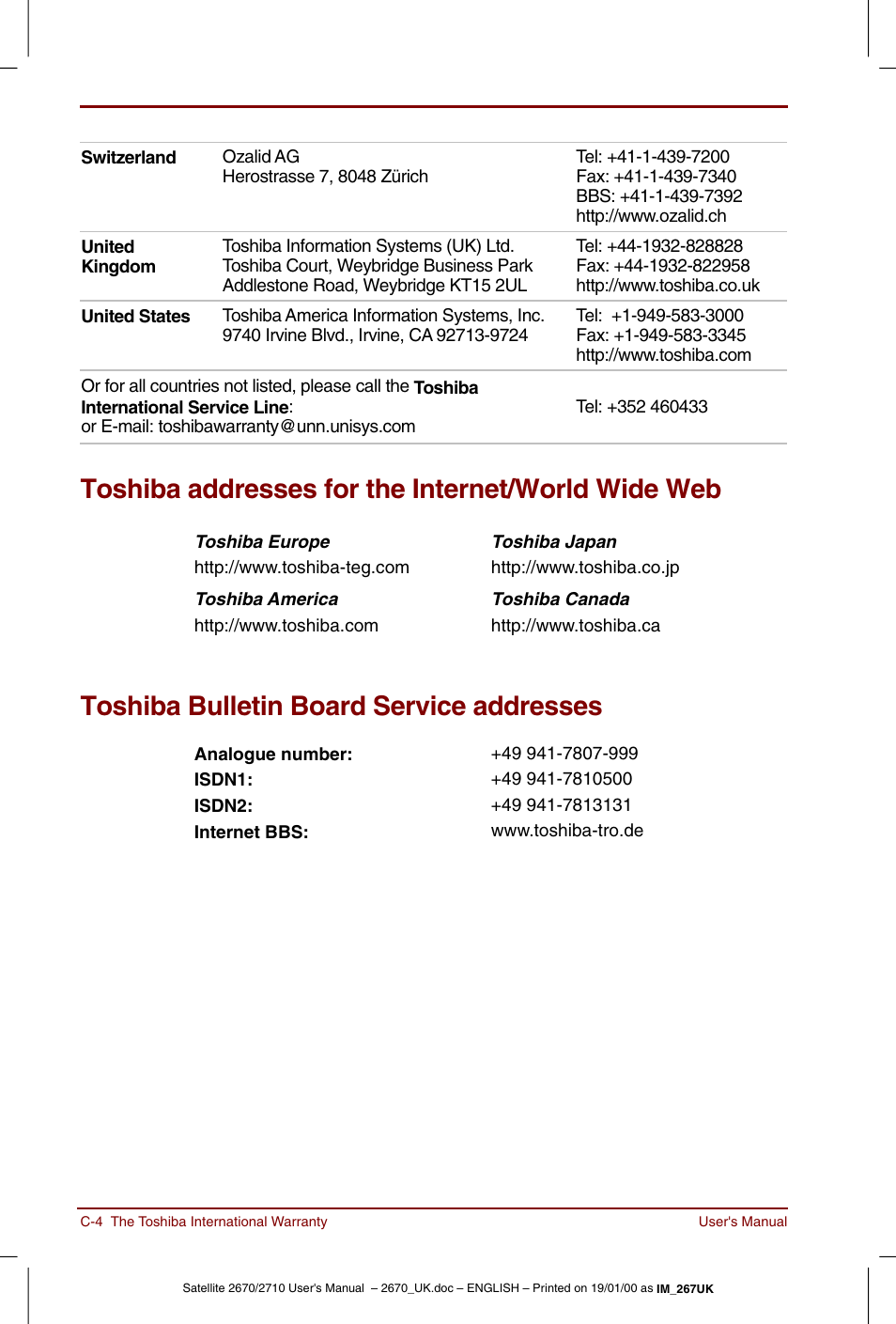 Toshiba addresses for the internet/world wide web, Toshiba bulletin board service addresses | Toshiba Satellite 2670 User Manual | Page 144 / 182