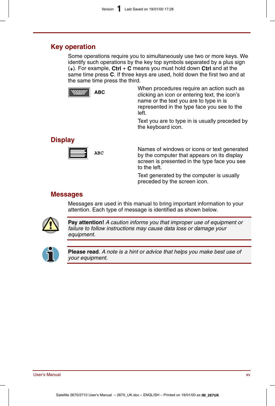 Key operation, Display, Messages | Toshiba Satellite 2670 User Manual | Page 15 / 182