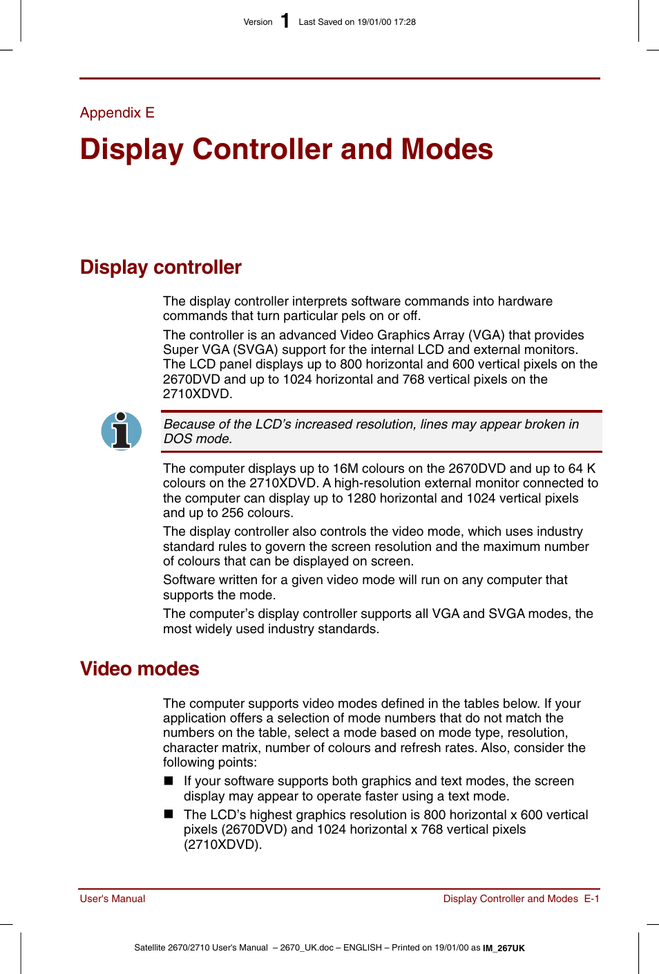 Appendix e, Display controller and modes, Display controller | Video modes | Toshiba Satellite 2670 User Manual | Page 151 / 182