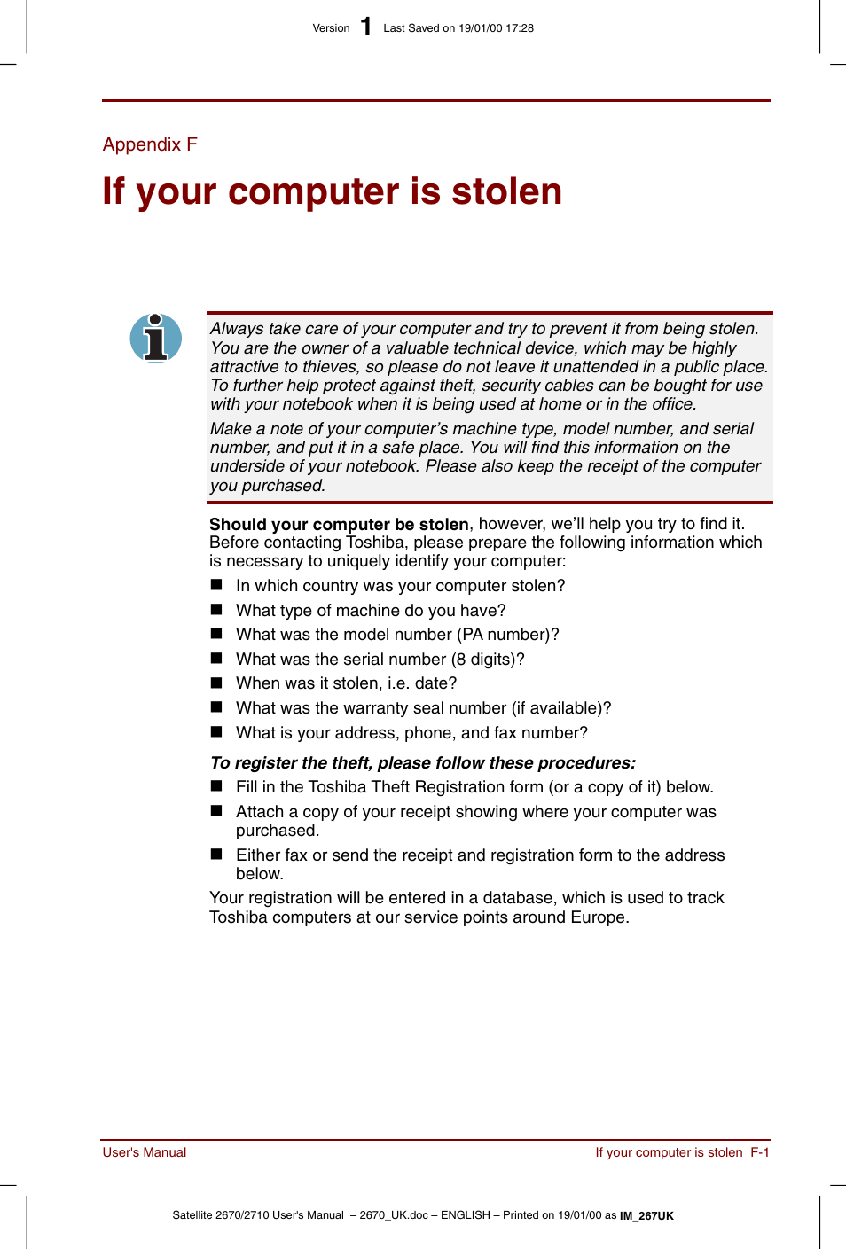 Appendix f, If your computer is stolen | Toshiba Satellite 2670 User Manual | Page 155 / 182