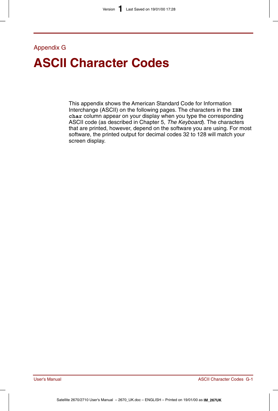 Appendix g, Ascii character codes | Toshiba Satellite 2670 User Manual | Page 157 / 182