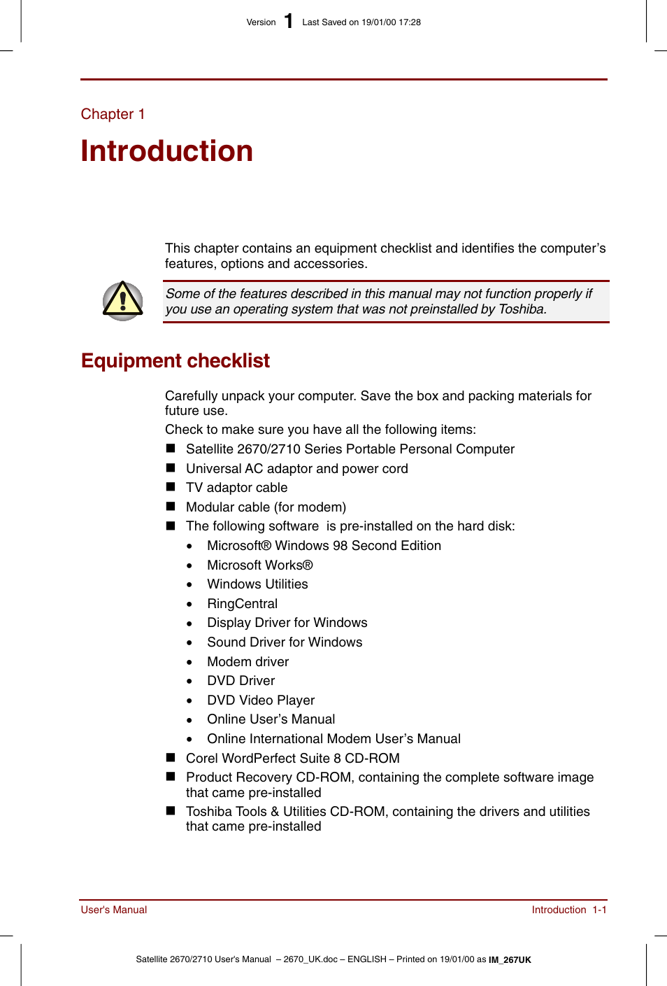 Chapter 1, Introduction, Equipment checklist | Chapter 1: introduction, Equipment checklist -1 | Toshiba Satellite 2670 User Manual | Page 17 / 182