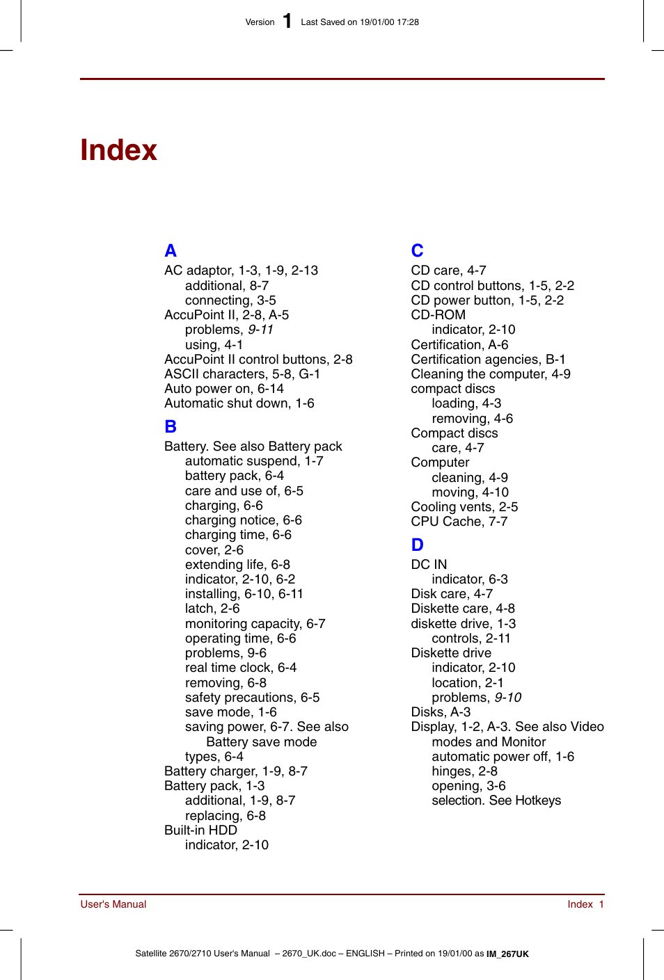 Index | Toshiba Satellite 2670 User Manual | Page 177 / 182