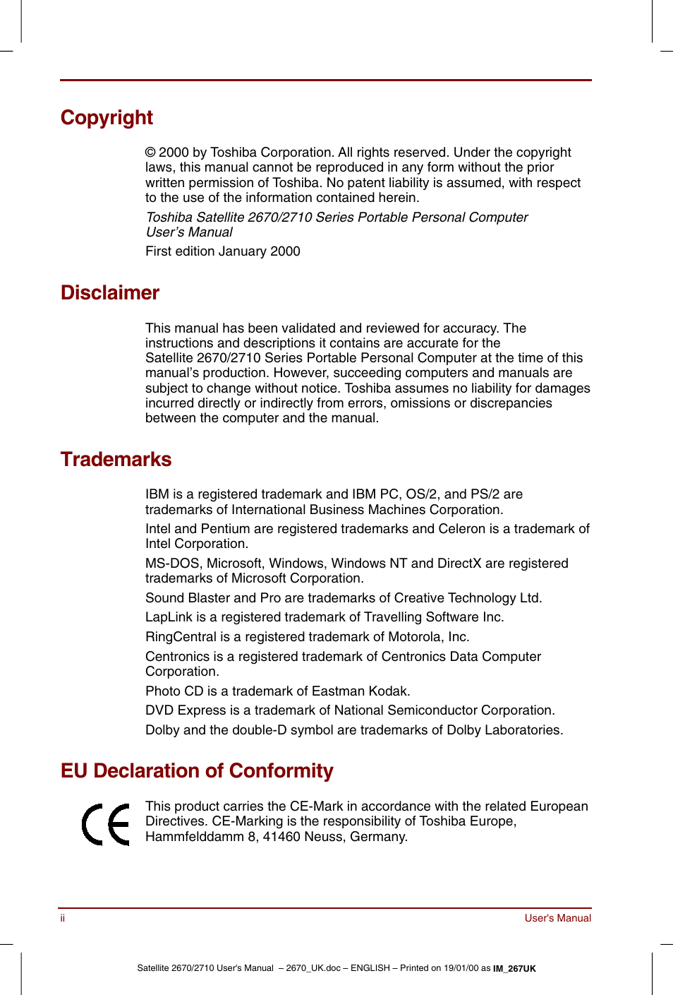 Copyright, Disclaimer, Trademarks | Eu declaration of conformity | Toshiba Satellite 2670 User Manual | Page 2 / 182