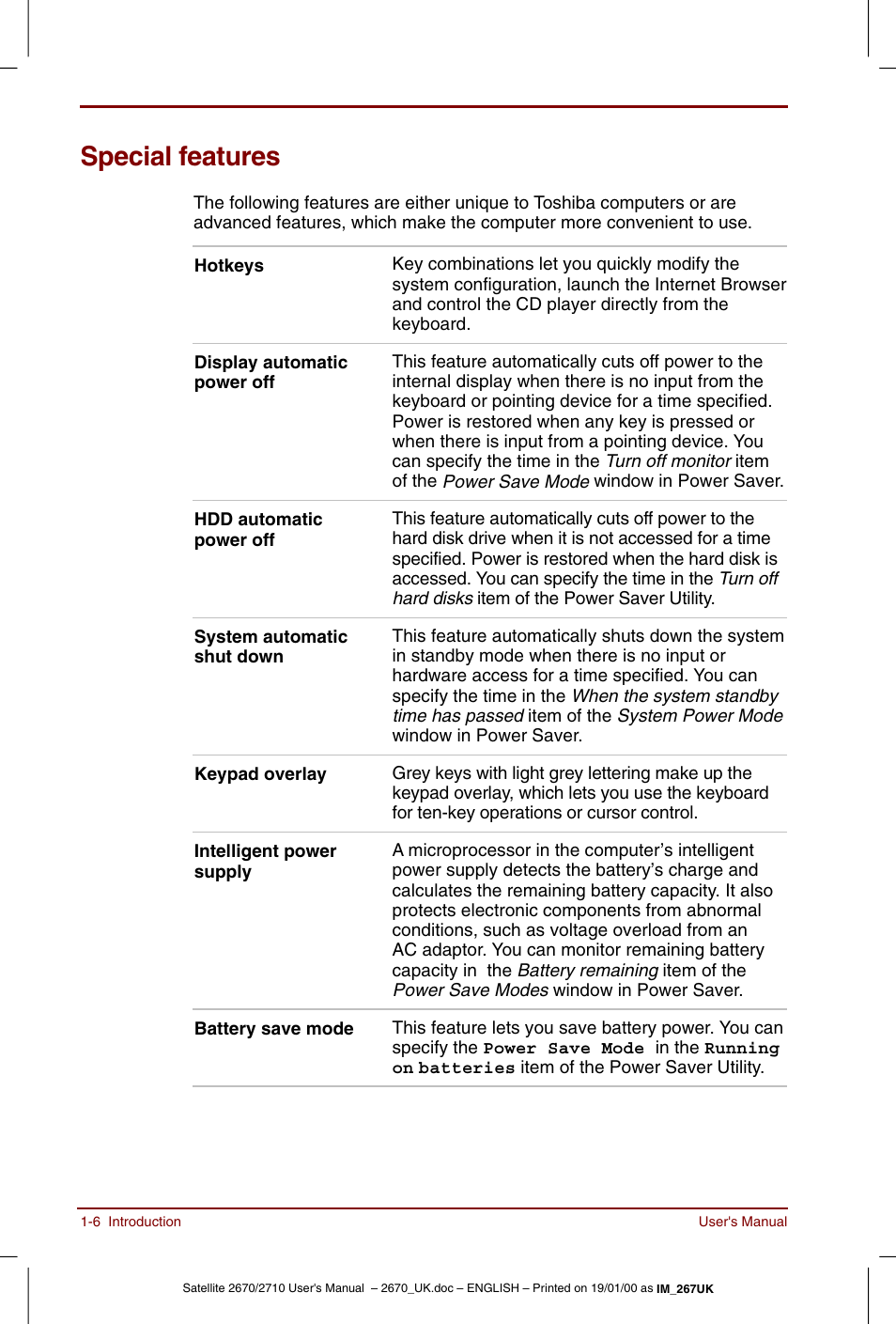 Special features, Special features -6 | Toshiba Satellite 2670 User Manual | Page 22 / 182