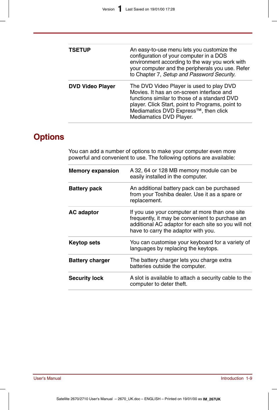 Options, Options -9 | Toshiba Satellite 2670 User Manual | Page 25 / 182