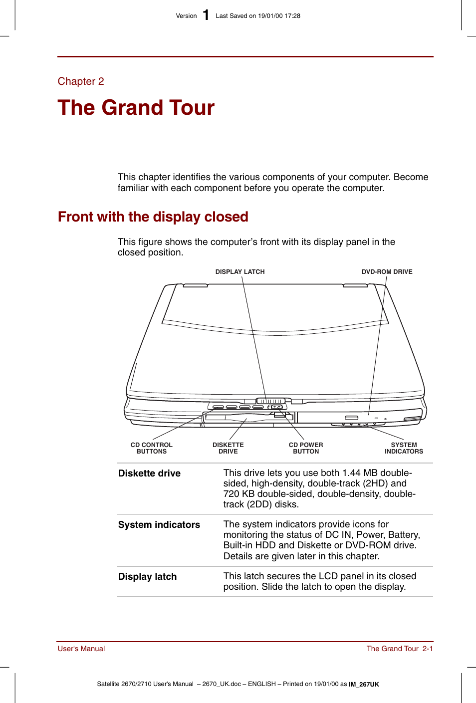 Chapter 2, The grand tour, Front with the display closed | Chapter 2: the grand tour, Front with the display closed -1 | Toshiba Satellite 2670 User Manual | Page 27 / 182