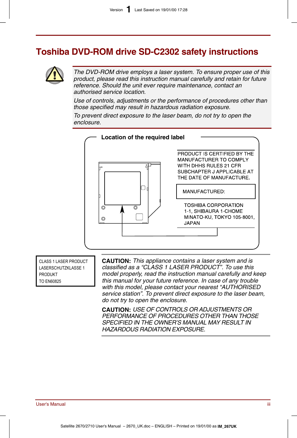 Toshiba dvd-rom drive sd-c2302 safety instructions | Toshiba Satellite 2670 User Manual | Page 3 / 182