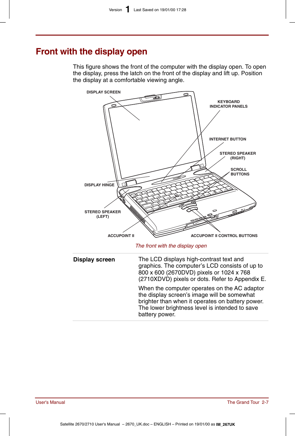 Front with the display open, Front with the display open -7 | Toshiba Satellite 2670 User Manual | Page 33 / 182