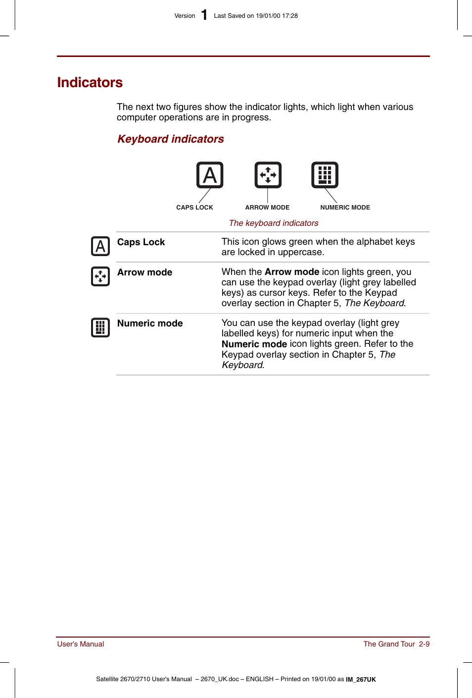 Indicators, Indicators -9, Keyboard indicators | Toshiba Satellite 2670 User Manual | Page 35 / 182