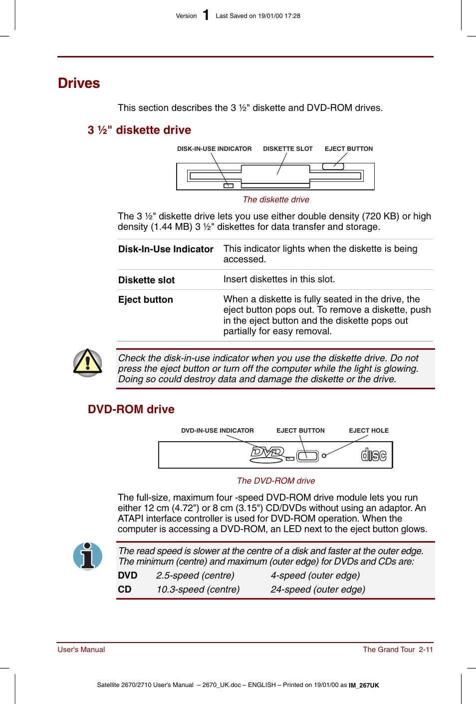 Drives, Drives -11, 3 ½" diskette drive -11 dvd-rom drive -11 | 3 ½" diskette drive, Dvd-rom drive | Toshiba Satellite 2670 User Manual | Page 37 / 182