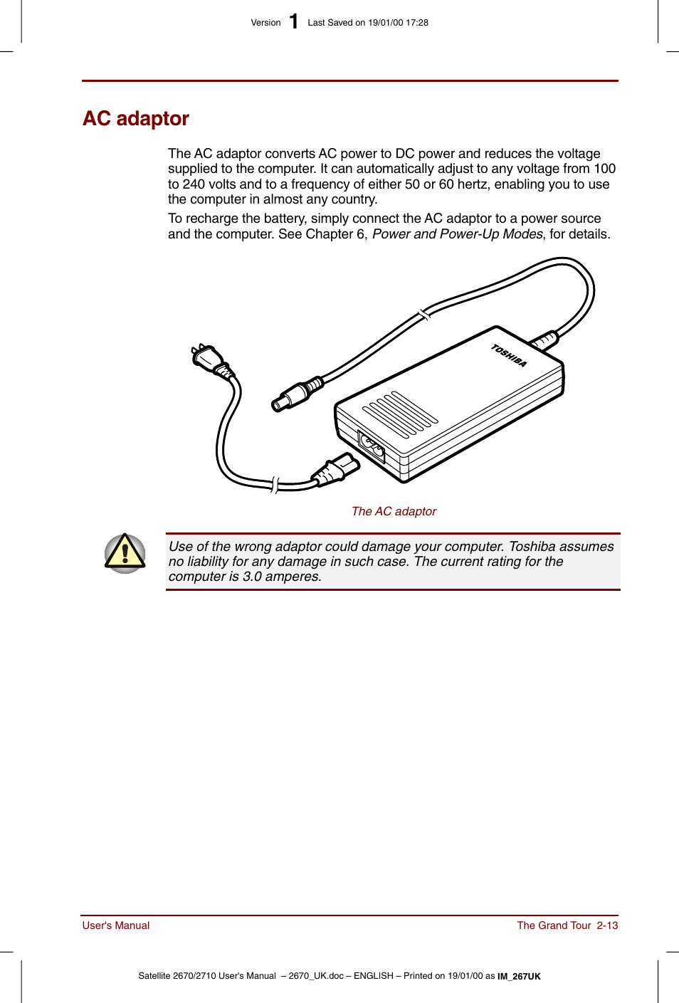 Ac adaptor, Ac adaptor -13 | Toshiba Satellite 2670 User Manual | Page 39 / 182