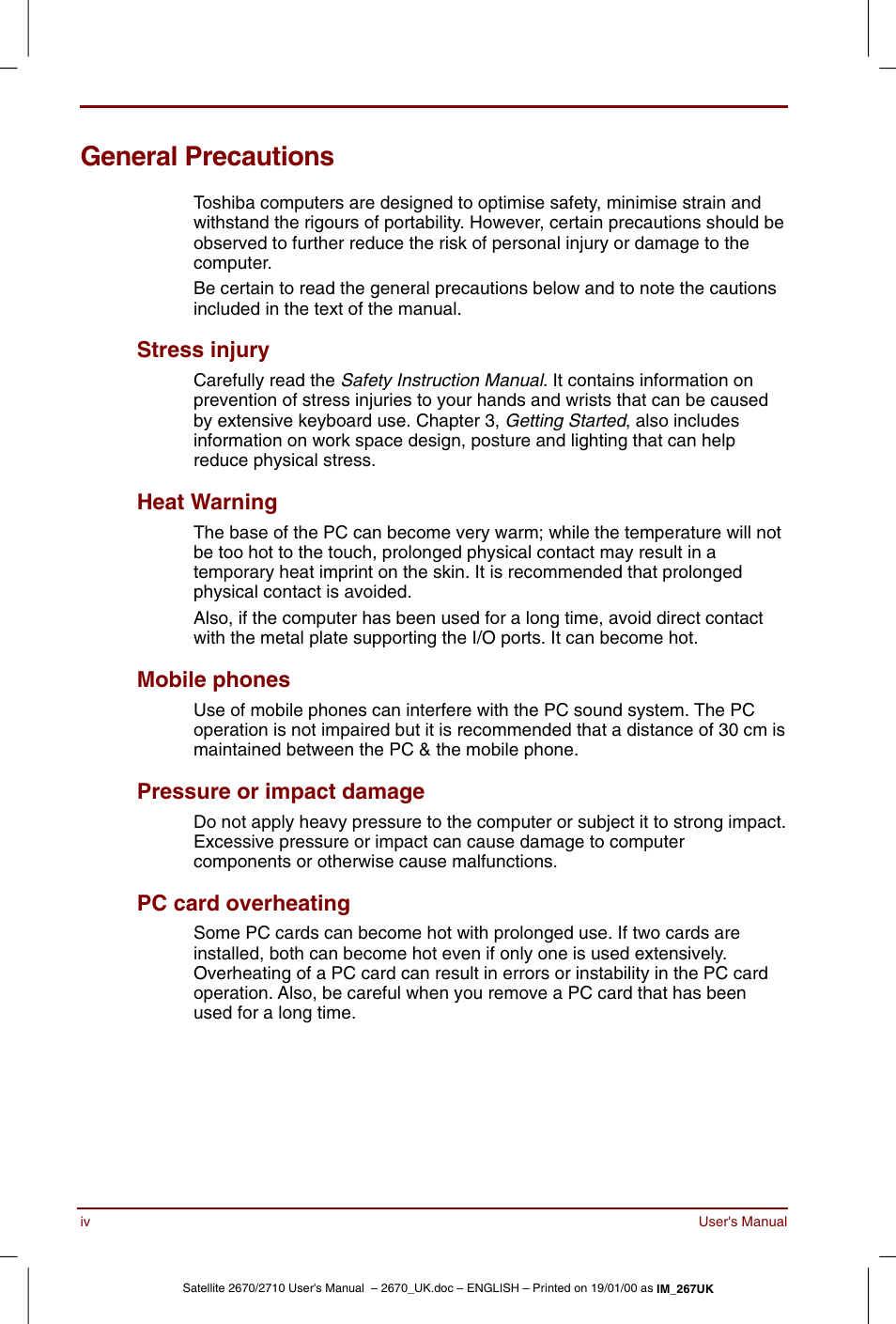 General precautions | Toshiba Satellite 2670 User Manual | Page 4 / 182